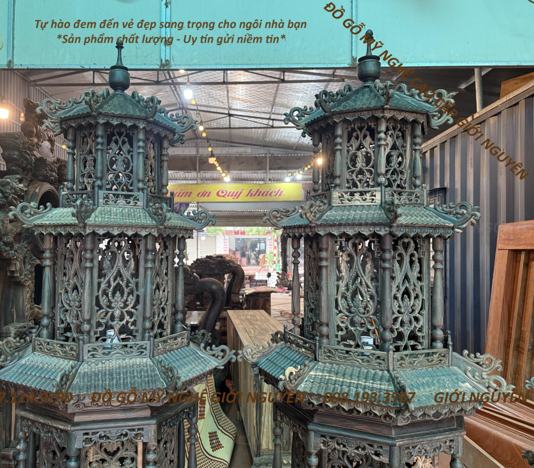 Đèn Thờ Tháp Bát Giác Gỗ Mun Hoa Lào